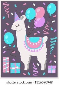 Cute White Llama Or Alpaca With Party Hat, Gift Boxes, Balloons And Confetti Birthday Greeting Card Vector Art Motive