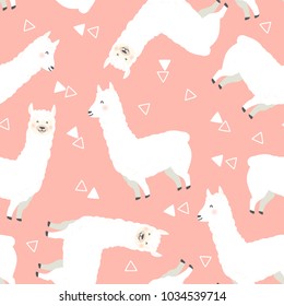 Cute white llama, alpaca seamless pattern design. Trendy cartoon llama vector background