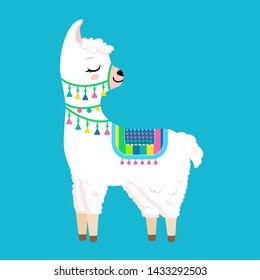 Cute white llama with closed eyes.Isolated on white background. Cartoon style