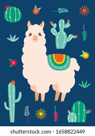 Llama blanca y conjunto vectorial de cactus verde. Colección de elementos de diseño divertidos y lindos con alpaca, flores, sol, hojas y cactus. Aislado en fondo azul. 