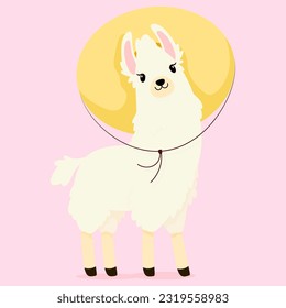 Cute white llama in a sombrero straw hat on a pink background