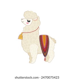 Cute white llama standing, side view of alpaca with bell, blanket with tassel vector illustration