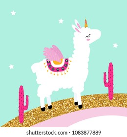 Cute white llama unicorn on glitter rainbow with pink cactus. Vector hand drawn illustration.