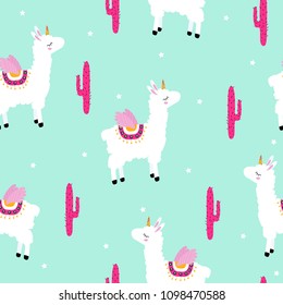 Cute white llama unicorn seamless pattern with cactus. Vector hand drawn illustration.