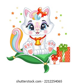 Cute white magic kitten on a pillow with christmas gifts. Cartoon character. Vector isolated illustration. For print, design, posters, cards, stickers, decor, kids apparel, baby shower and invitation