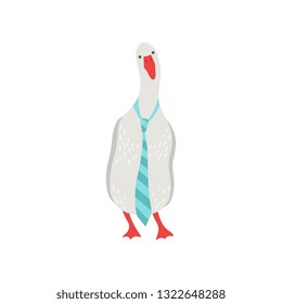 Cute White Male Goose Cartoon Character Wearing Necktie Vector Illustration