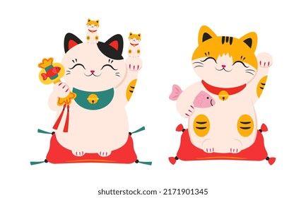 Cute white Maneki Neko, Asian lucky cat. Feng Shui, fortune, folklore symbol cartoon vector illustration