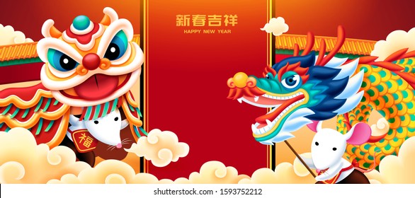 Cute white mice playing dragon and lion dance for lunar year, Chinese text translation: fortune, happy new year