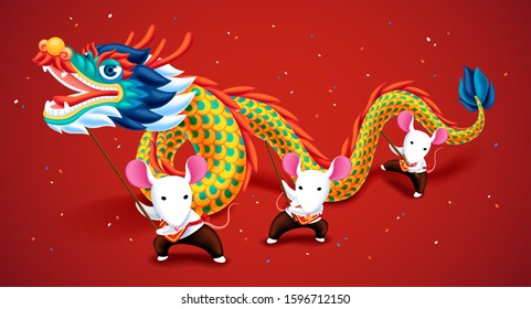 Cute white mice playing dragon dance for lunar year on red background