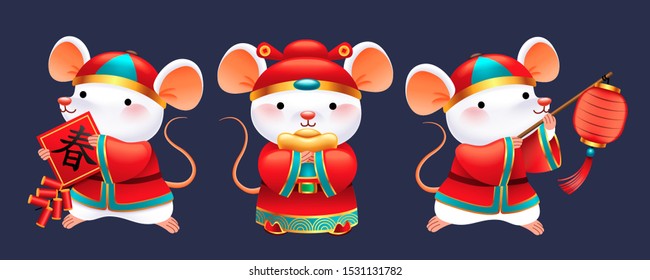 Cute white mice wearing folk costume holding lantern, firecrackers and gold ingot