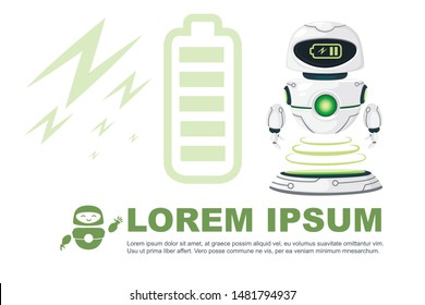 Cute white modern levitating robot charges at the docking station flat vector illustration on white background horizontal banner greetings card design