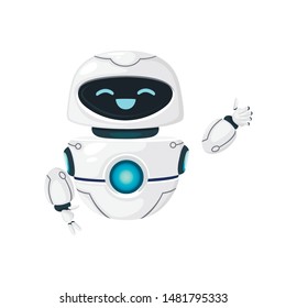 Cute white modern levitating robot waving hand and with happy face flat vector illustration isolated on white background