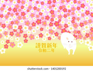A cute white mouse. Background of plum blossoms.  Japanese New Year Greetings. translation : Happy New Year!  The era is "two years of REIWA"