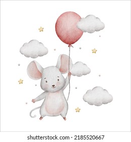 cute white mouse and balloon watercolor illustration for baby and kids background