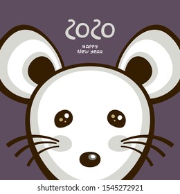 Cute white mouse. Cartoon character  vector illustration. Template for new year greeting card. Chinese zodiac sign 2020.