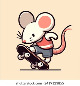 cute white mouse cartoon character mascot skateboarding