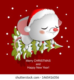 Cute white mouse in a Christmas hat sleeping on a Christmas tree on a red background.

