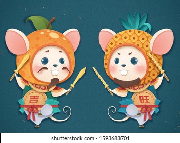 Cute white mouse door god wearing orange and pineapple headgear on blue background, Chinese text translation: Auspicious, prosperous