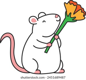 Cute white mouse with a flower