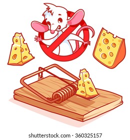 Cute white mouse inside red prohibitory sign with cheese and mousetrap. Vector cartoon character on white background.