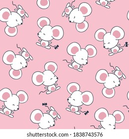 Cute white mouse isolated on pink. Seamless vector pattern. Children's background. Suitable for invitations, cards, books, wallpapers, baby fabrics, textiles.