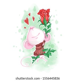 Cute white mouse in a knitted sweater with a red rose in its paws. Vector cartoon character for holiday greeting card. Watercolor textural background.