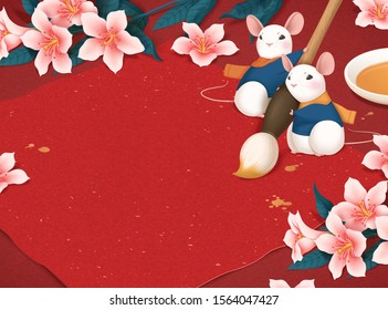 Cute white mouse are ready for writing lunar year calligraphy through brush pen on red background