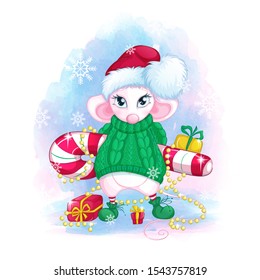 A cute white mouse in a Santa Claus hat and a green knitted sweater holds a striped candy, gifts and Christmas tree decoration. Vector cartoon character and watercolor texture background.