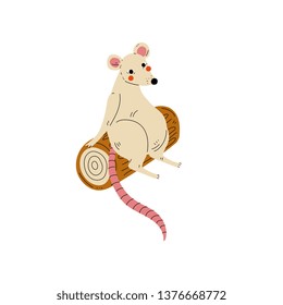 Cute White Mouse Sitting on Log, Rodent Animal Character Having Hiking Adventure Travel or Camping Trip Vector Illustration