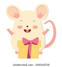 Cute white mouse smiling with a gift