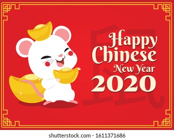 Cute white mouse standing with big gold . Cartoon style on red background. Translate: Rat , Vector
