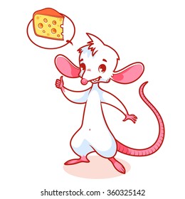 Cute white mouse thinking about cheese. Mouse raised thumb and smile. Cartoon vector character isolated on a white background. 
