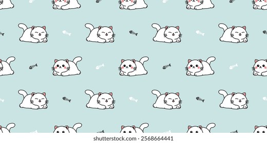 Cute white munchkin cat with fishbone cartoon seamless pattern, vector illustration