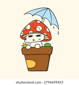 Cute White Mushroom Character in Pot Holding Umbrella After Rain