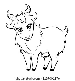 Cute white nanny goat. Vector illustration of cartoon she-goat for coloring