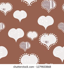 Cute white, neutral and beige colors elements. Seamless hearts pattern. Valentine':s Day card seamless background pattern heart. Repeating texture. Vector illustration.