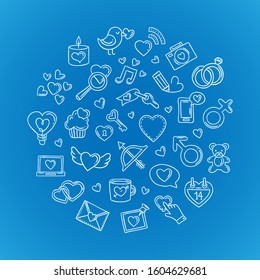 Cute white outlined love icons and symbols. Vector hand drawn romantic collection for Saint Valentine's Day and wedding
