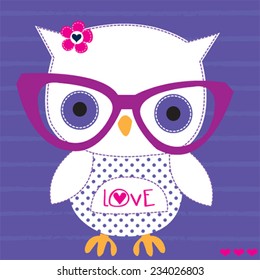 cute white owl with glasses striped background vector illustration