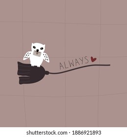Cute white owl with a letter sitting on a broomstick. "Always" love card. Doodle illustration vector.