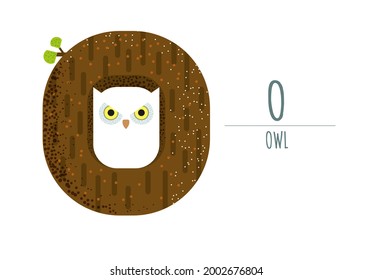 A cute white owl sits in a hollow of a tree. Owl in the shape of a letter - O.
children's alphabet. poster, postcard.