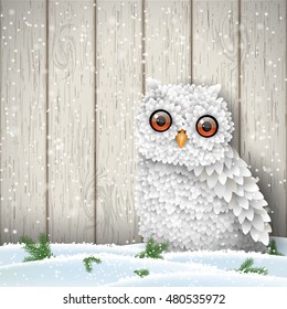 Cute white owl sitting in snow in front of white wooden wall, winter holiday theme, vector illustration, eps 10 with transparency