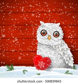 Cute white owl sitting in snow in front of red wooden wall with small red heart, winter holiday theme, vector illustration, eps 10 with transparency