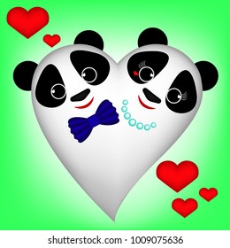 Cute white Panda-Heart on green background, boy and girl