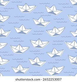Barcos de papel branco bonito em azul padrão sem costura. Navios Origami. Navio abstrato, fundo do veleiro. Tecido, design de papel.