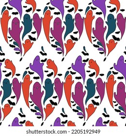 Cute white pattern, doodle colorful ghosts and black bats. Halloween seamless background. For fabric textile, home, baby.