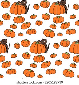 Cute white pattern, doodle line pumpkins with a cat. Halloween seamless background. For fabric textile, home, baby pet.