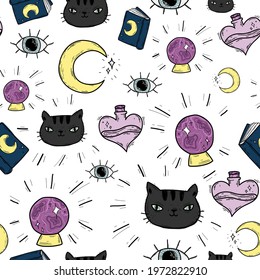 Cute white pattern with line white cat, moon, halloween, magic. Seamless background. Textiles for children. Minimalism paper scrapbook for kids. 