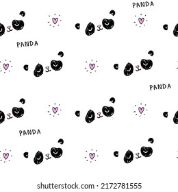 Cute white pattern with line doodle panda with hearts. Seamless background animal. Textiles for children. Minimalism paper scrapbook for kids.