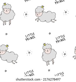 Cute white pattern line doodle little prince sheeps, sweet dreams. Seamless background. Textile farm for children. Minimalism paper scrapbook for baby.