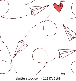 Cute white pattern with line paper airplane. Seamless background. Textiles for children, fabric, book, bedroom, baby. Digital love paper scrapbook.